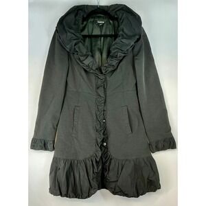 bebe Coat Size M Black Ruffle Trim Snap Front Longline Coquette Goth Y2K